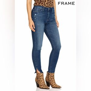 FRAME Le  High Skinny Bustle Jeans Size 31 Blue Distressed Curved Slit Hem